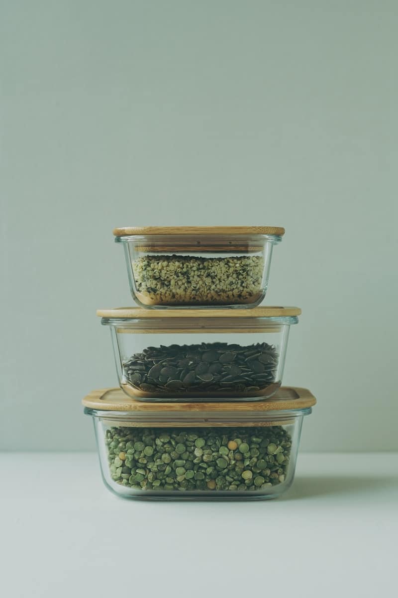 three glass containers filled with different types of food